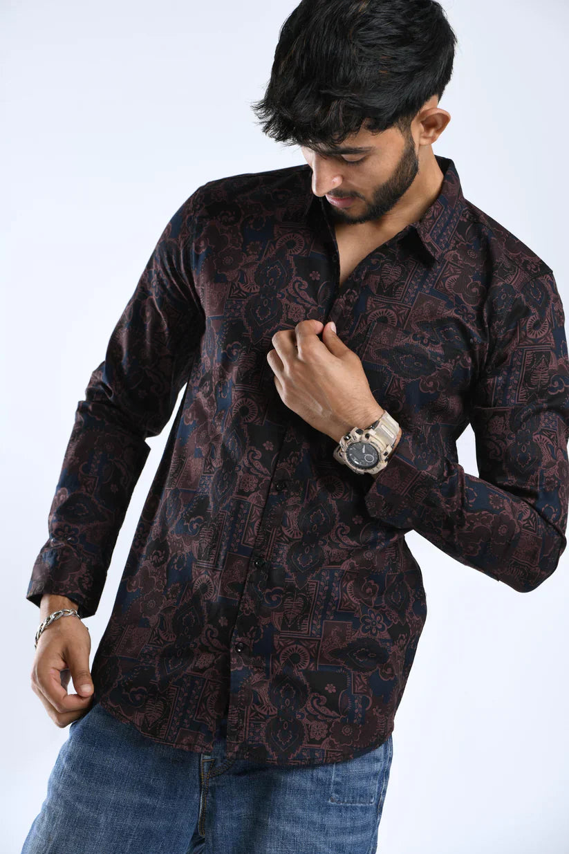 Maroon printed shirt for men in 100% cotton with unique design.