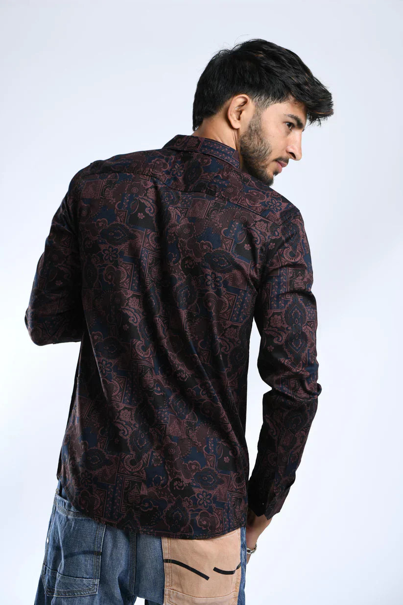 Maroon printed shirt for men in 100% cotton, featuring a stylish and unique design.