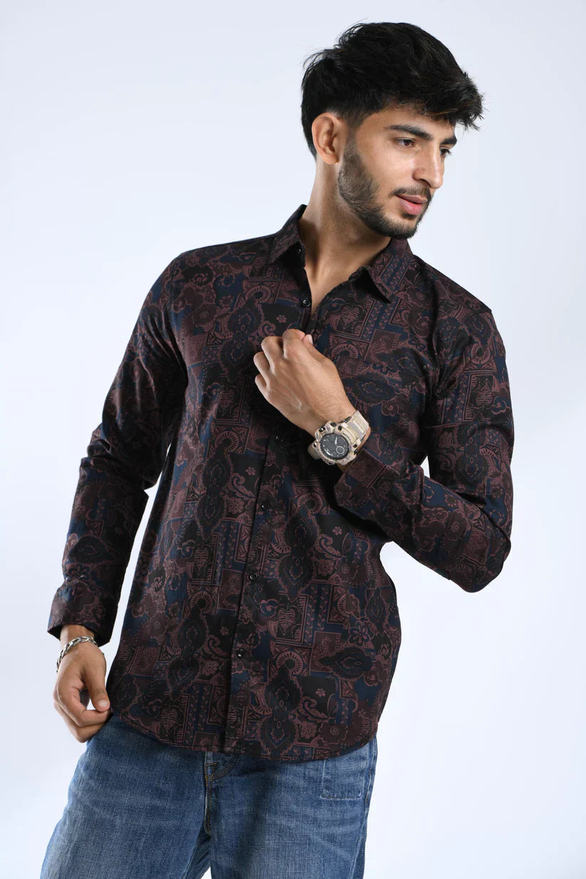 Maroon printed shirt for men, 100% cotton, stylish and unique design.