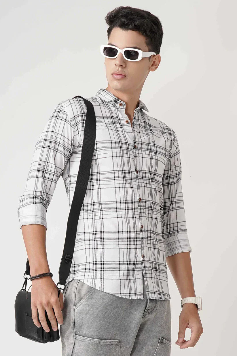 Men's monochrome check shirt, 100% cotton, timeless style.