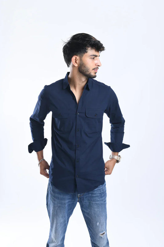 Navy blue plain shirt for men with double pockets made of 100% cotton.