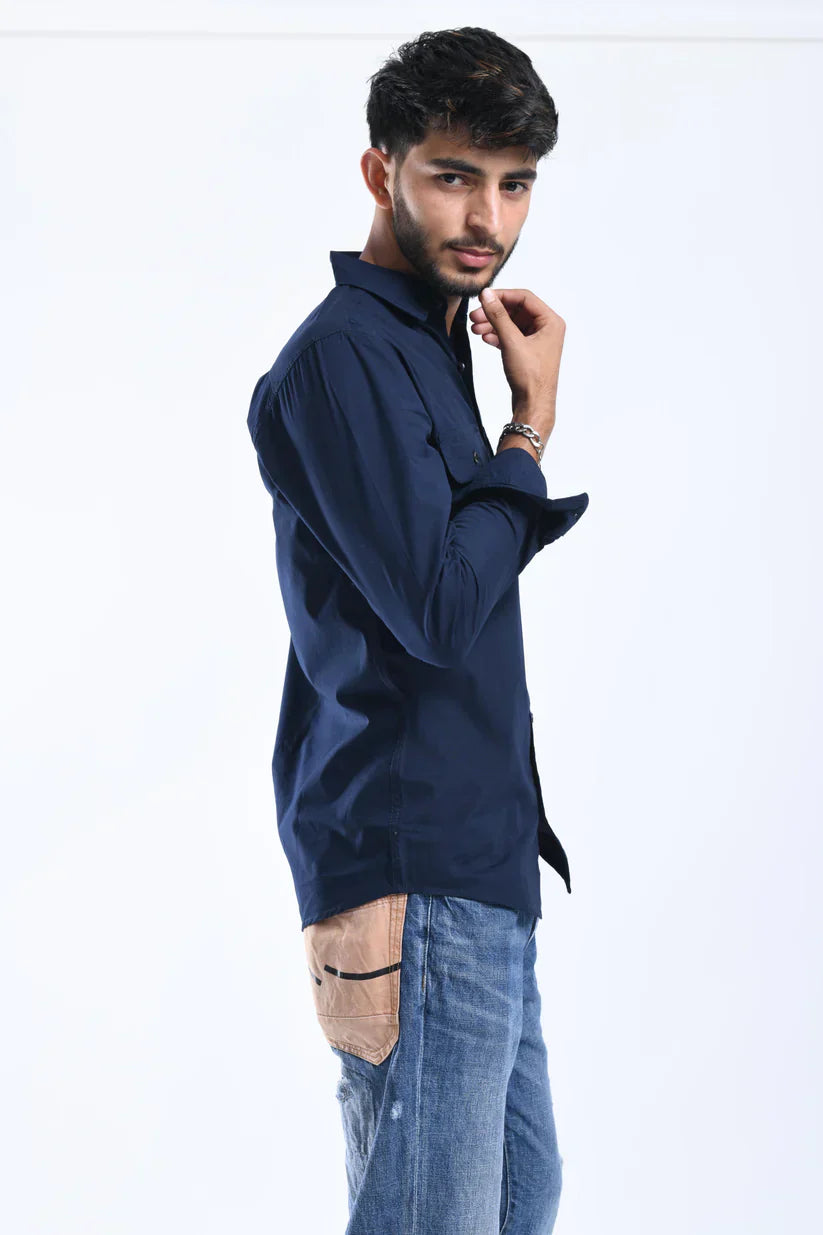 Navy blue plain shirt for men, 100% cotton, double pockets.