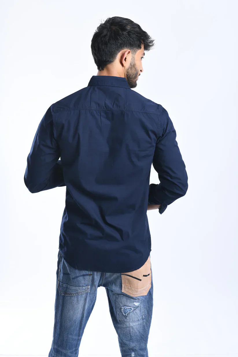 Men's 100% cotton navy blue plain shirt with double pockets.