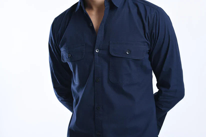 NAVY BLUE PLAIN SHIRT for men, 100% cotton with double pockets.