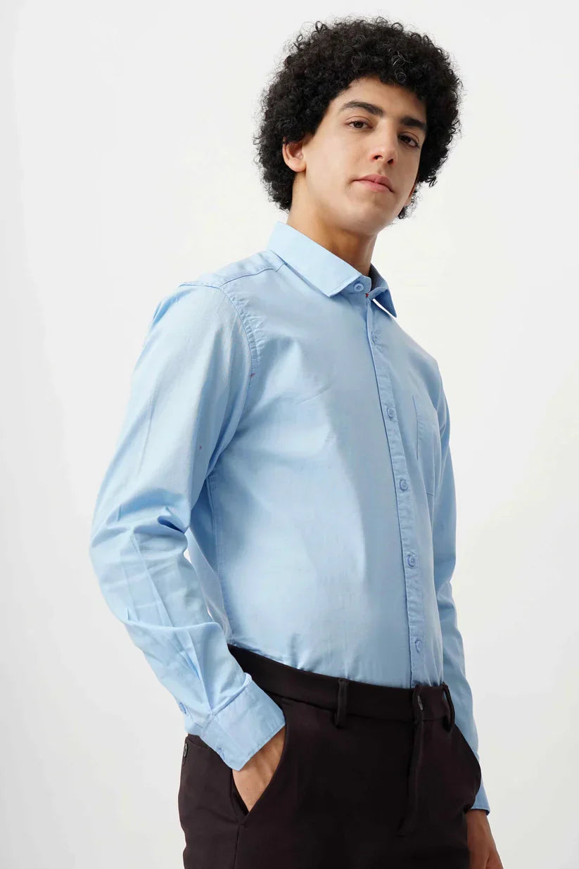 Office blue minimalist shirt, 100% cotton, classic design for men.