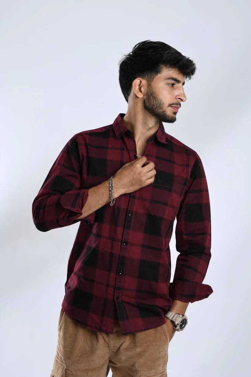 Man wearing RUBY NOIR CHECK SHIRT in 100% cotton, stylish and comfortable.