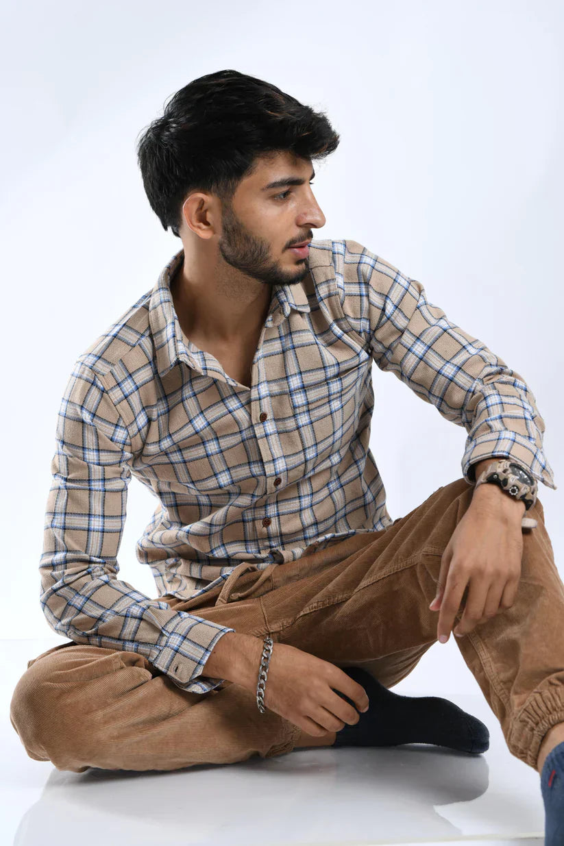 Sand brown checked shirt for men made with cotton fabric.