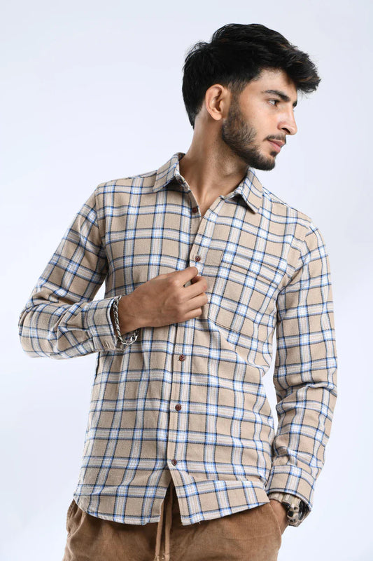 Sand brown checked shirt for men in cotton fabric.