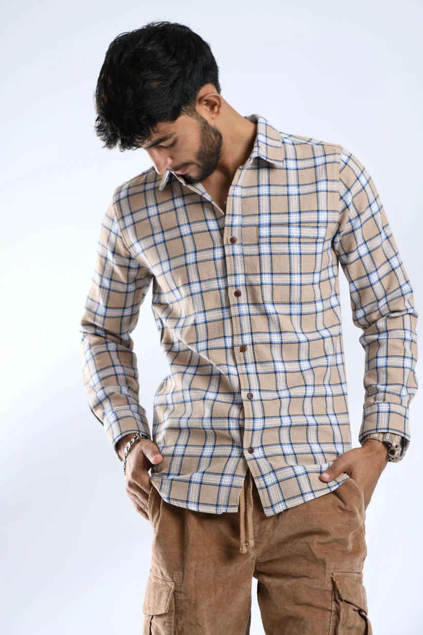 Sand brown checked shirt for men made with mock cotton fabric.