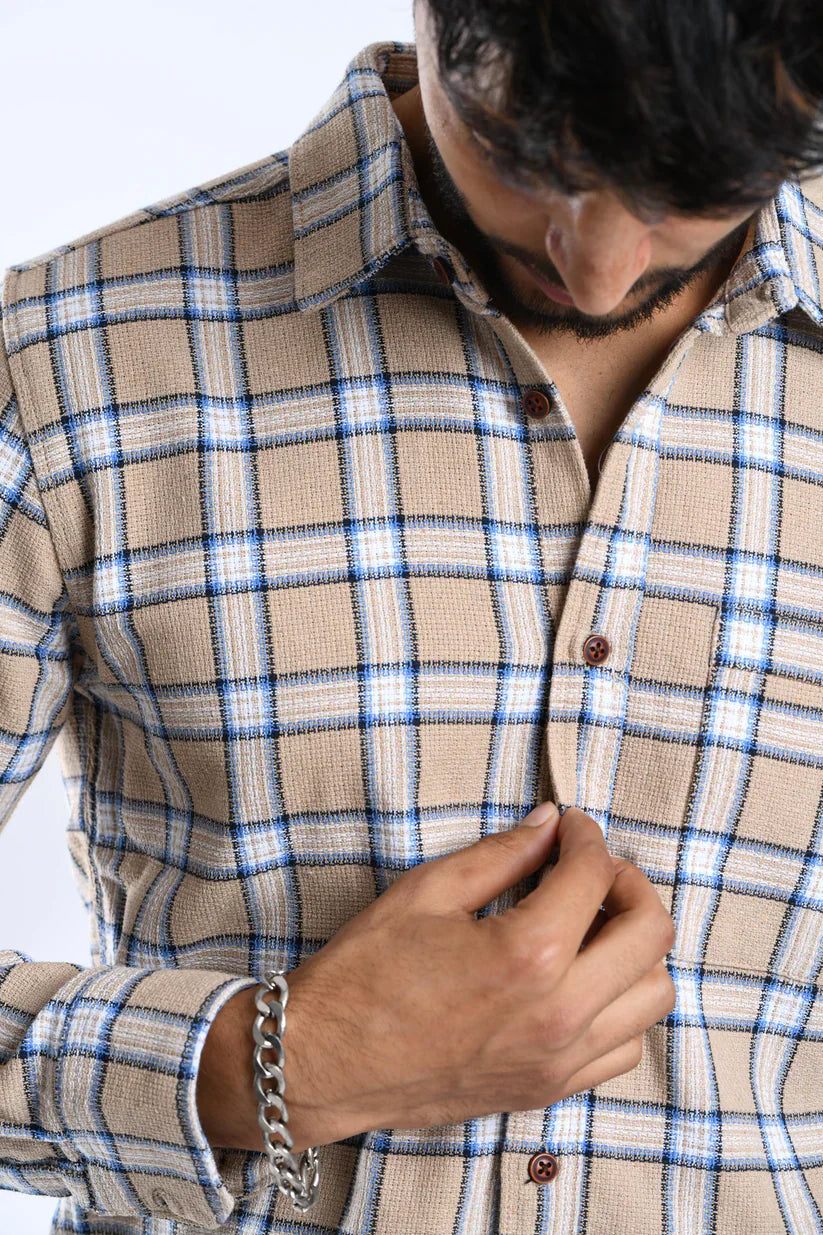 Sand brown checked shirt for men, made with cotton fabric, offering classic design and premium comfort.