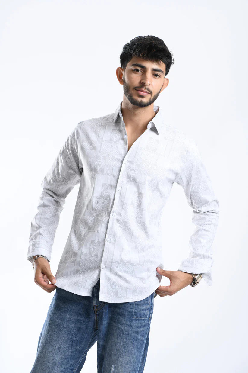 Silver white printed shirt for men, cotton mix Lycra fabric.