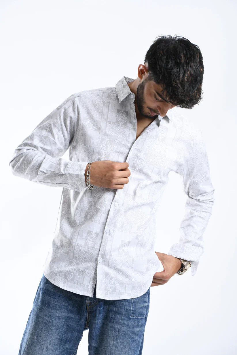 Silver white printed shirt for men in comfortable cotton mix Lycra fabric.