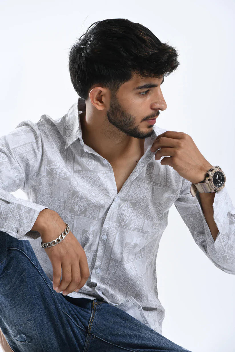 Silver white printed shirt for men, comfortable cotton mix fabric.