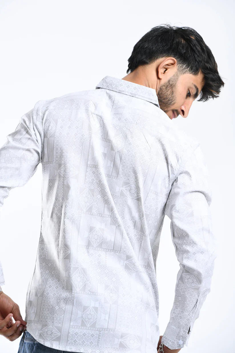 Silver white printed shirt with unique patterns for men, made from cotton mix Lycra.