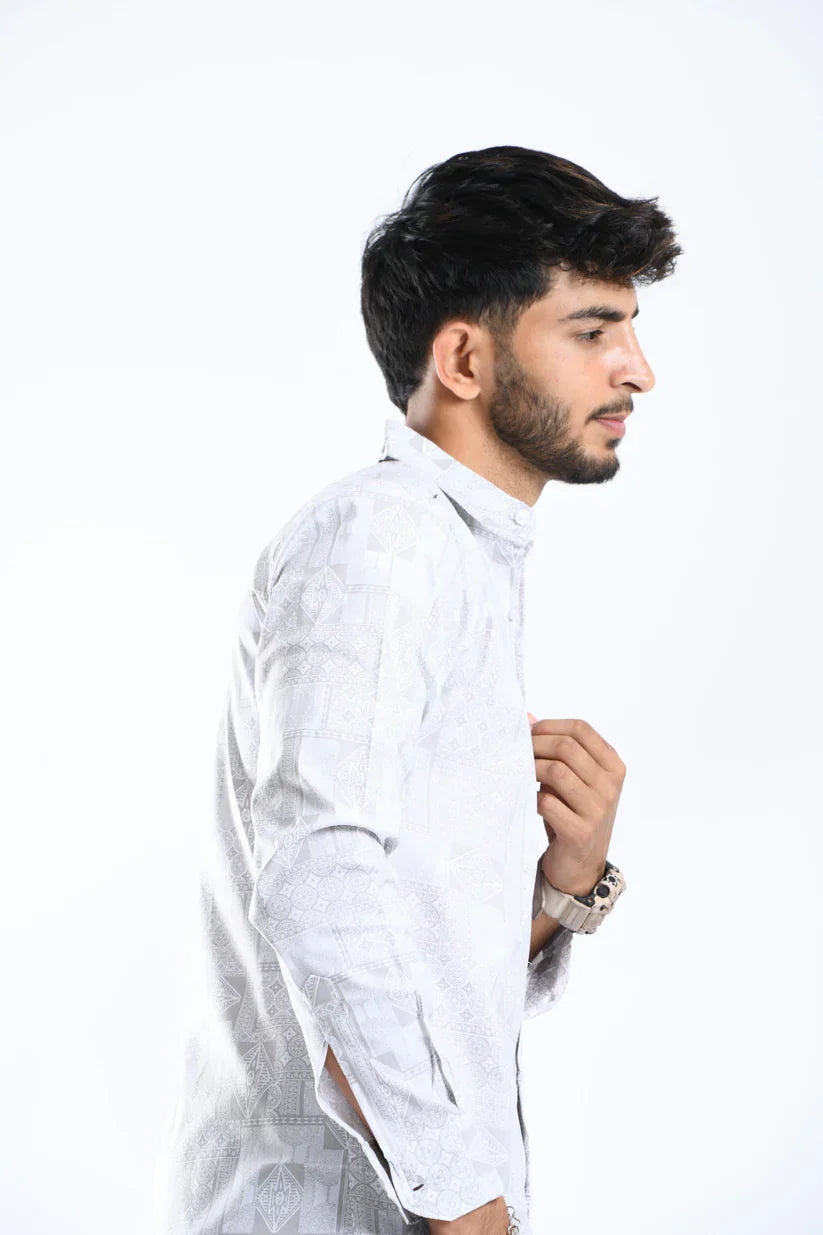 Men's silver white printed shirt in cotton Lycra fabric, comfortable fit.