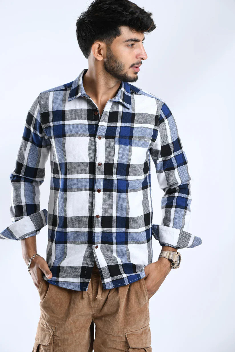 Starlit Navy Check Shirt for men in semi cotton blended fabric.