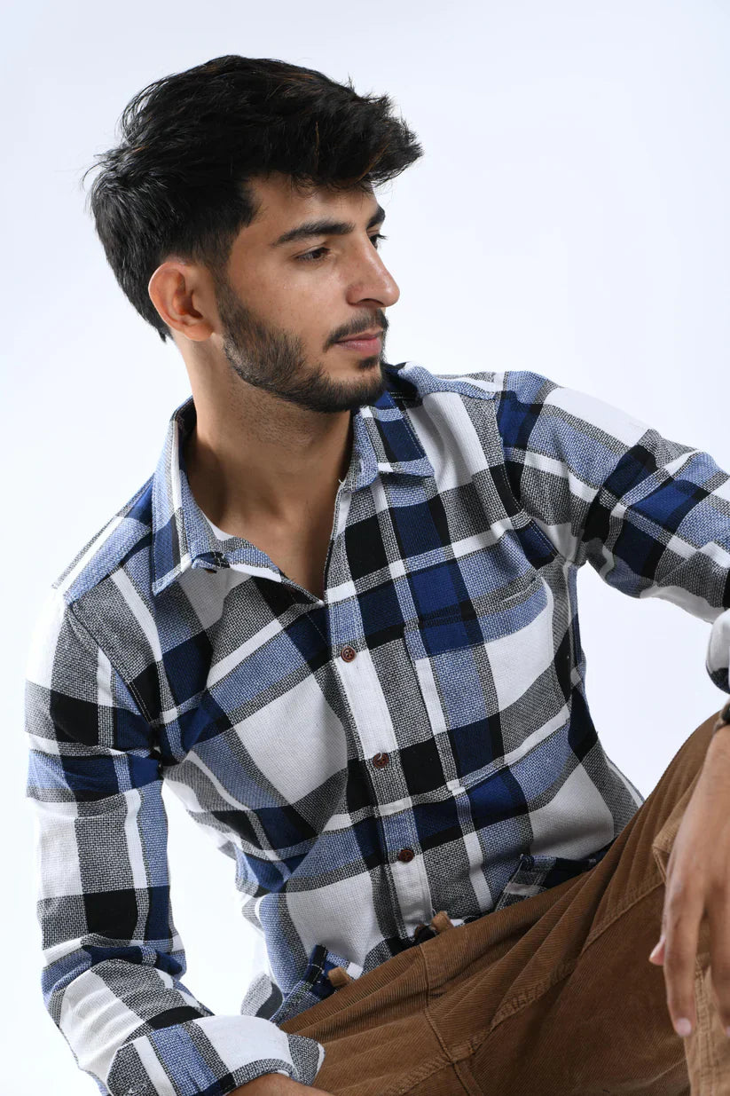 Man wearing Starlit Navy Check Shirt in semi cotton blended fabric.