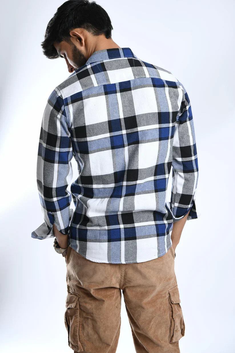 STARLIT NAVY CHECK SHIRT for men in semi cotton with dobby linen fabric.