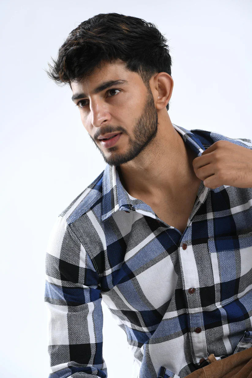 Starlit Navy Check Shirt in semi cotton blend fabric for men.