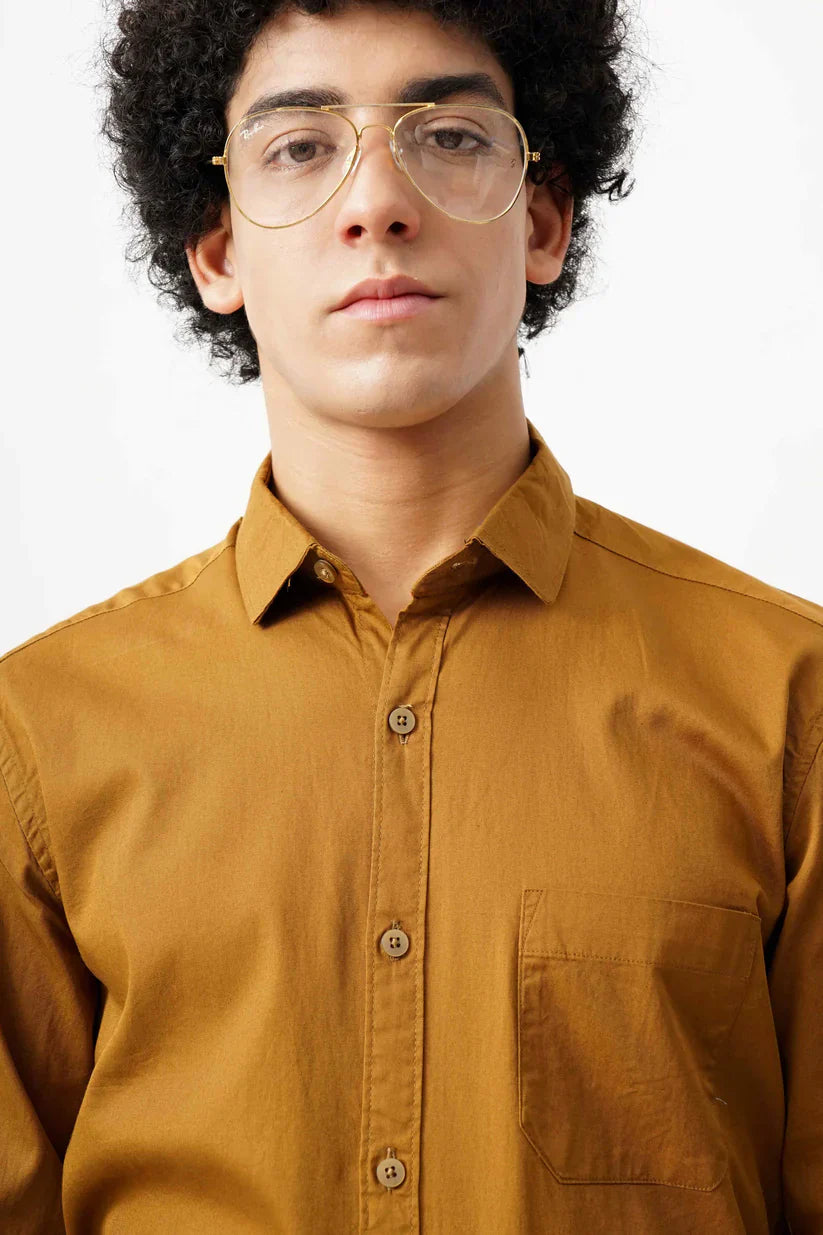 Tan minimalist shirt for men, 100% cotton, classic brown style.