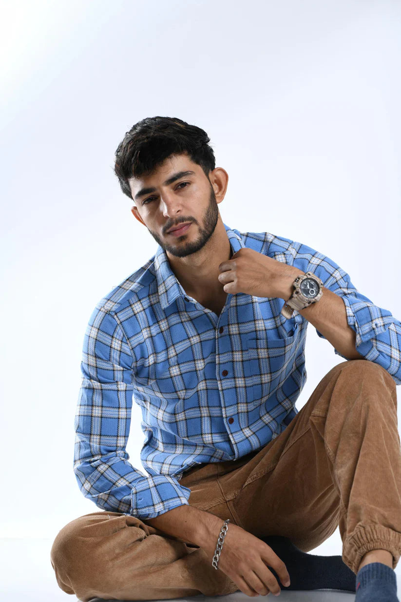 Water blue check shirt for men in a classic design.