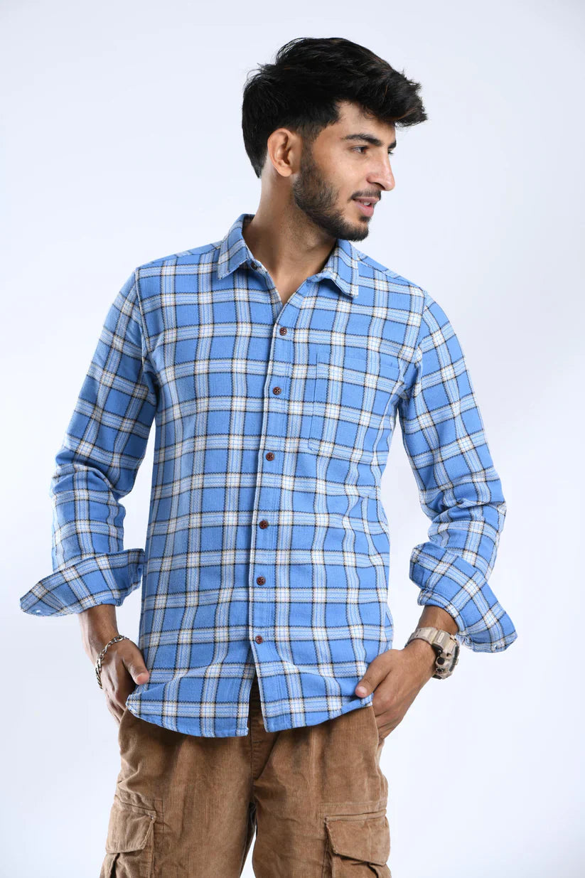 Water blue check shirt for men, stylish and comfortable.