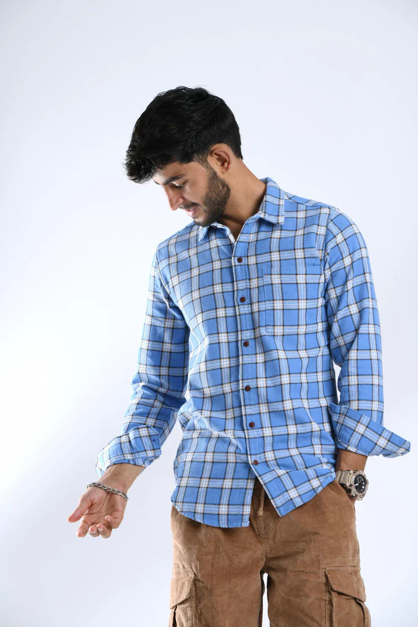 Water blue check shirt for men, stylish and comfortable design.