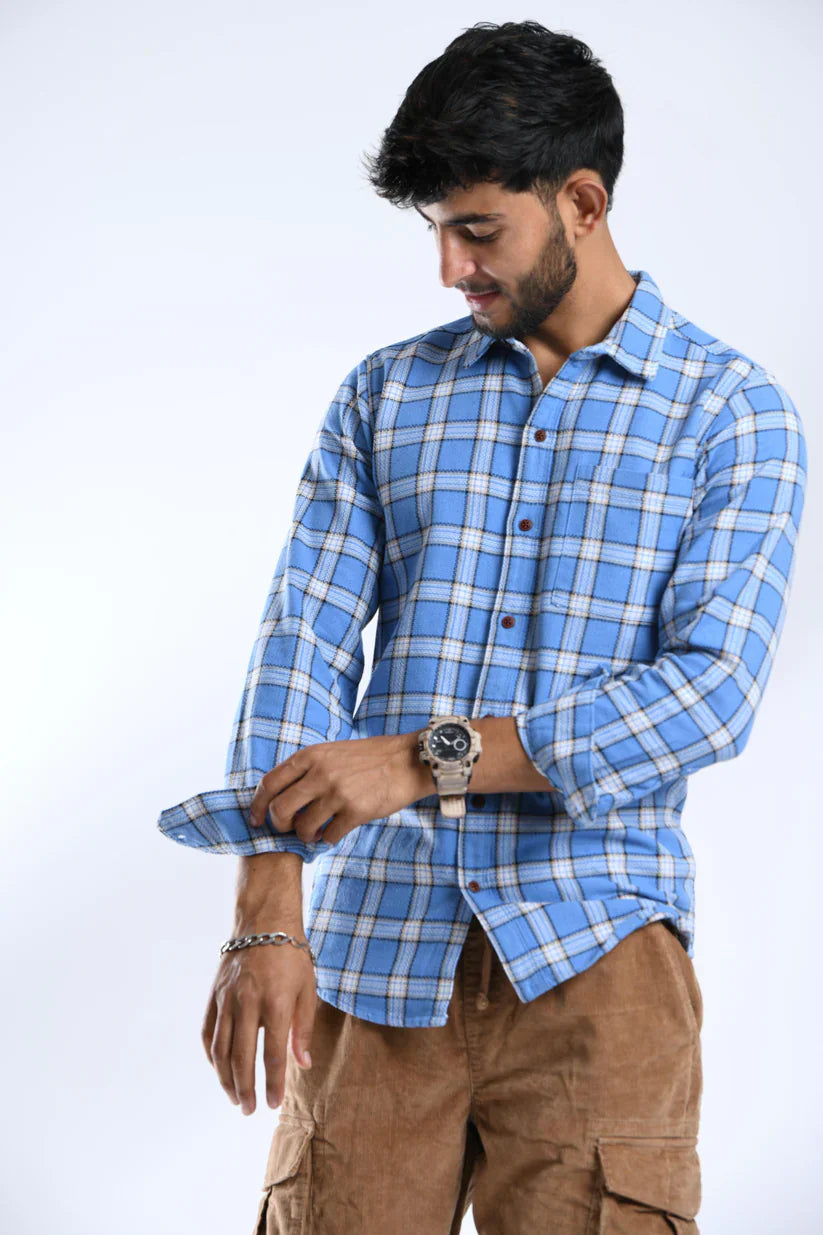 Water blue check shirt for men with classic design and premium comfort.