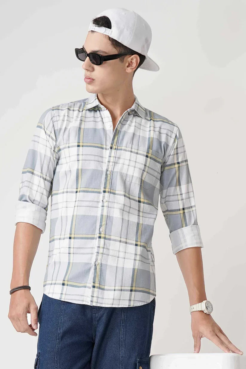 WHITE GREY CHECK SHIRT for men, 100% cotton, stylish and comfortable.