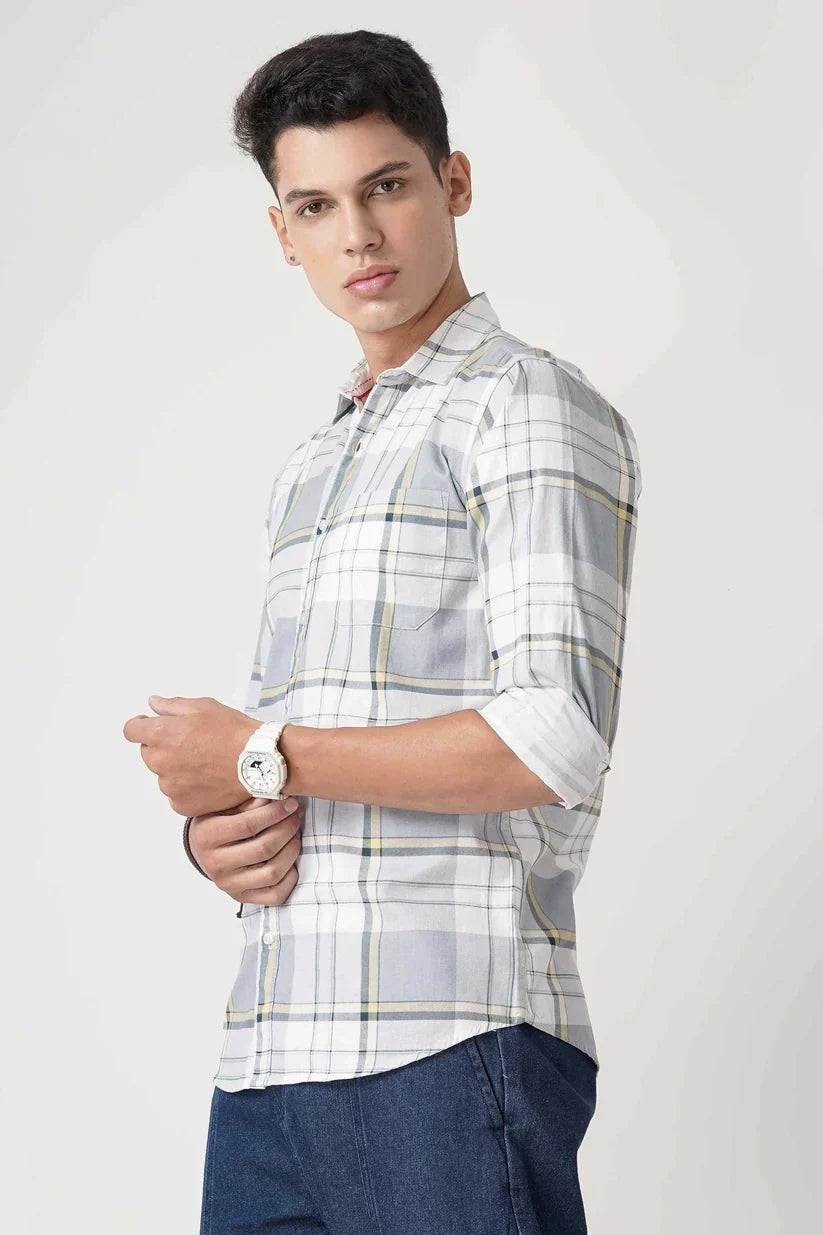 White grey check shirt for men, 100% cotton fabric, stylish and comfortable design.