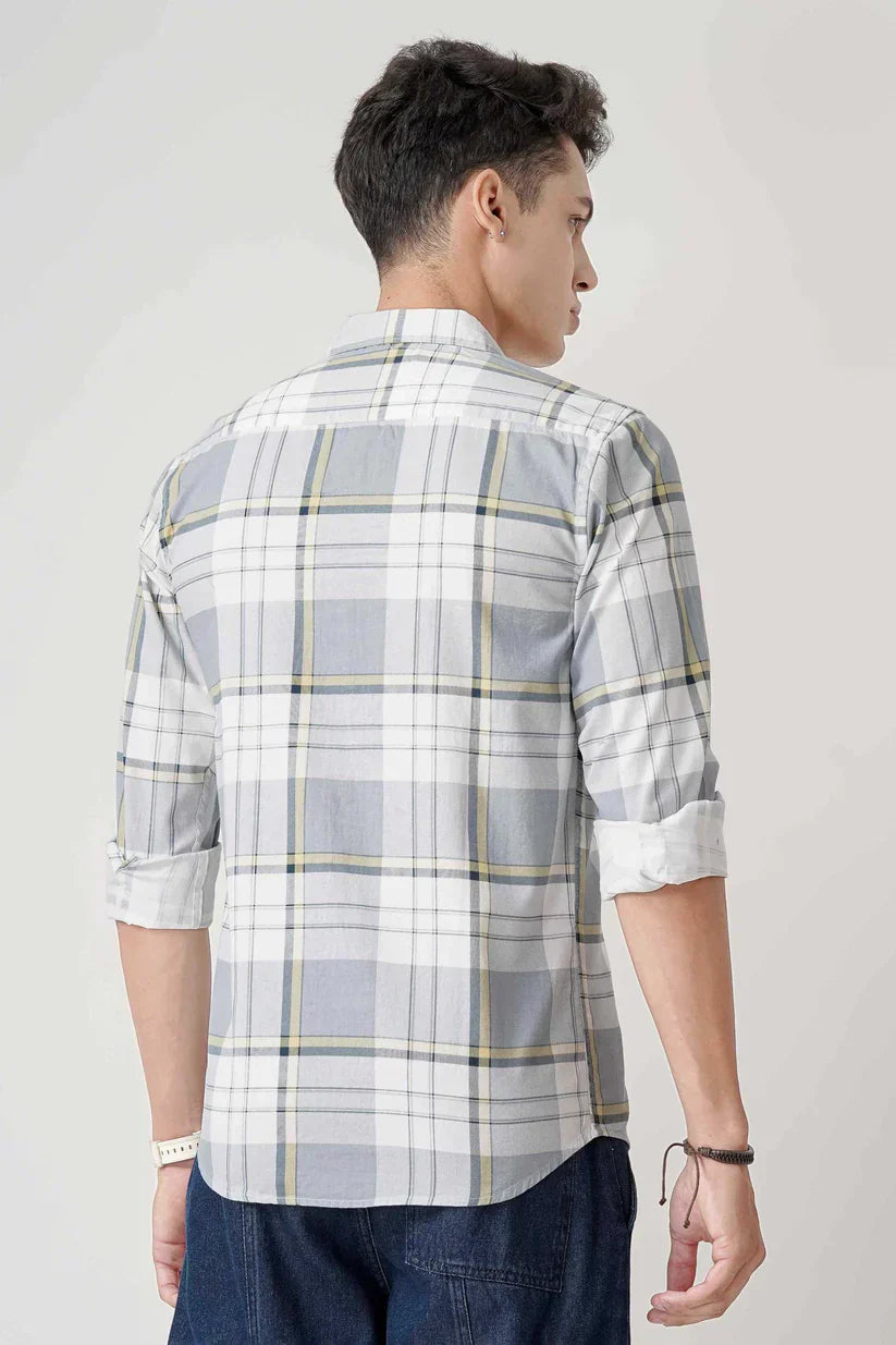 White grey check shirt for men, 100% cotton fabric, stylish and comfortable.