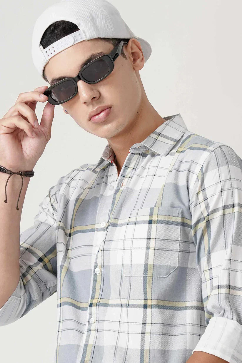 white grey check shirt for men in 100% cotton fabric