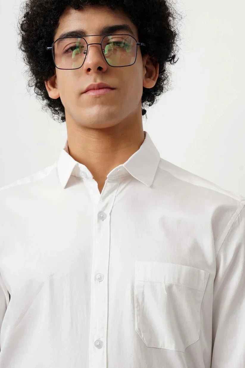 White minimalist cotton shirt for men, classic and timeless design.